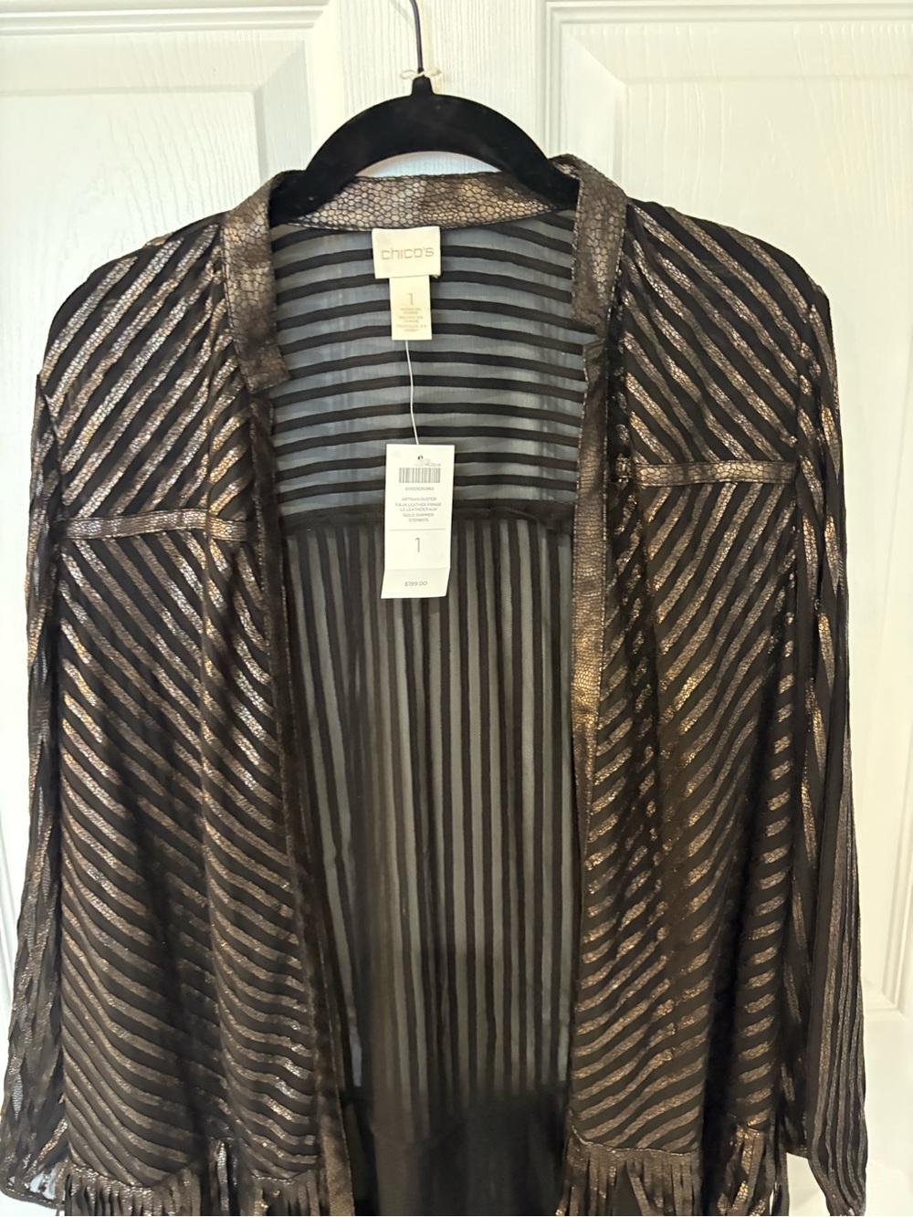 Chico's Black Sheer Stripe Metallic Fringe Duster - Picture 2 of 5